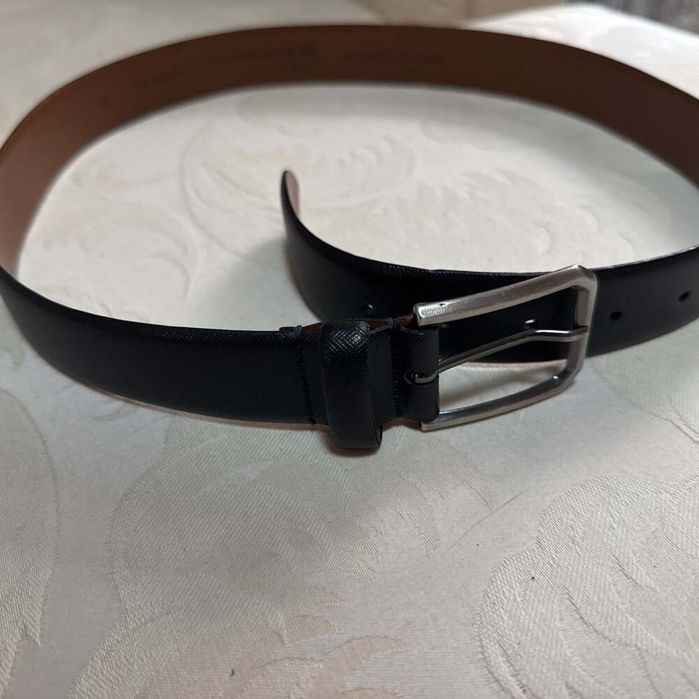 Black Leather Belt with Silver‎ Buckle, Men's